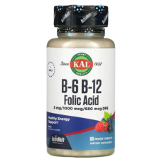 Вітамін B6 B12 фолієва кислота, KAL Vitamin B6 B12 Folic Acid, смак ягід, 60 таблеток