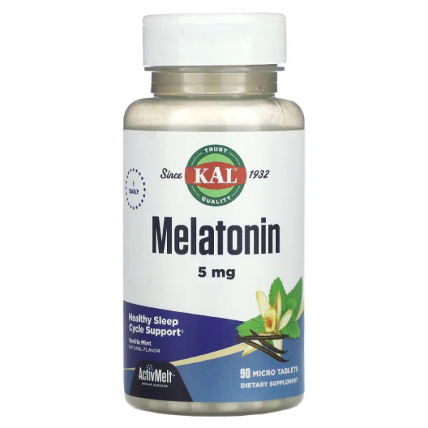 Мелатонін, Melatonin, KAL, смак ванільна м'ята, 5 мг, 90 мікротаблеток