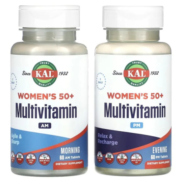 Мультивітаміни для жінок старше 50 років, Women's 50+ Multivitamin, KAL, ранок та вечір, 2 упаковки по 60 таблеток у кожній