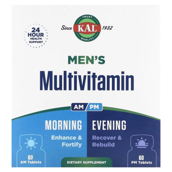 Мультивітаміни для чоловіків, Men's Multivitamin, KAL, ранок та вечір, 2 упаковки по 60 таблеток у кожній