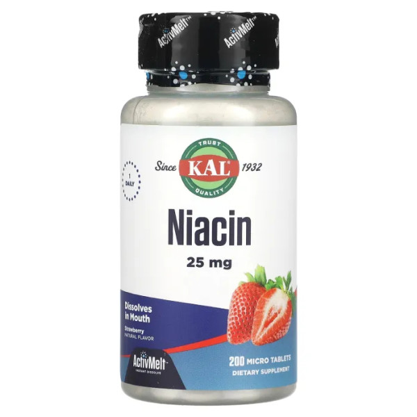 Ніацин зі смаком полуниці, Niacin, KAL, 25 мг, 200 таблеток
