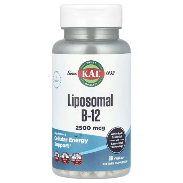 Вітамін B-12, Liposomal B-12, KAL, ліпосомальний, висока ефективність, 2500 мкг, 30 вегетаріанських капсул