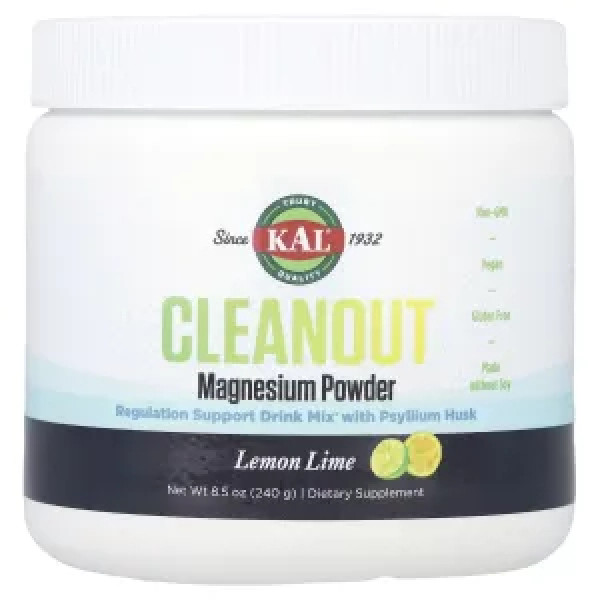 Магній з подорожником Cleanout, Magnesium, KAL, порошок, для підтримки здорової нервової функції, м'язів, зубів та кісток, зі смаком лимона та лайма, 240 г