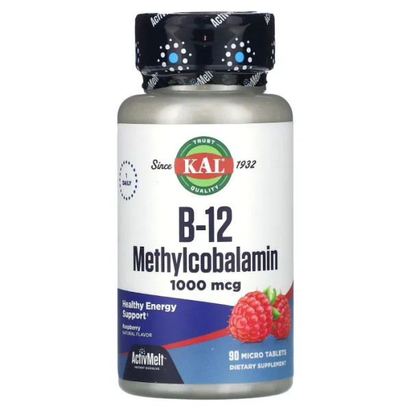 Вітамін В-12, метилкобаламін, B-12 Methylcobalamin, KAL, малина, 1000 мкг, 90 мікротаблеток