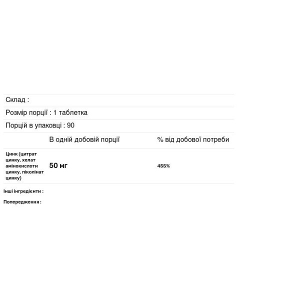 Цинк, Tri-Zinc 50, KAL, 90 таблеток