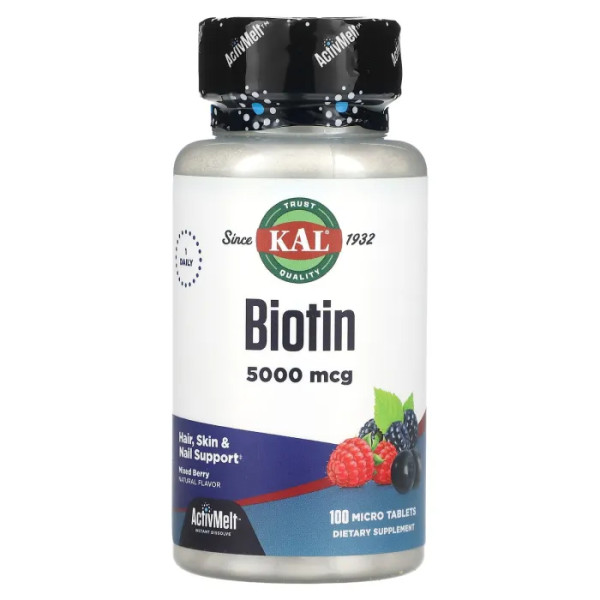 Біотин, ягідна суміш, Biotin, KAL, 5000 мкг, 100 таблеток