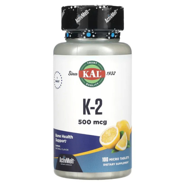 Вітамін К-2, Vitamin K-2, KAL, лимон, 500 мкг, 100 мікро таблеток