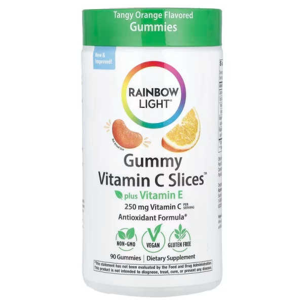 Вітамін С + вітамін Е, Gummy Vitamin C Slices Plus Vitamin E, Rainbow Light, з апельсиновим смаком, 90 жувальних цукерок