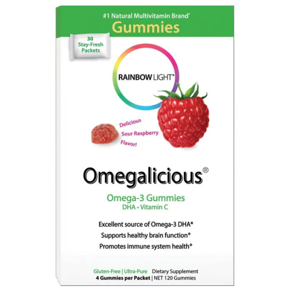Рыбий жир для детей, Omega-3 Gummies, Rainbow Light, малина, 30 пакетов по 4 шт.