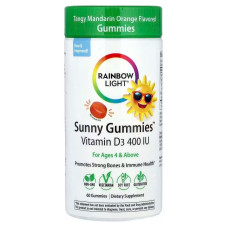 Витамин D3 для детей 10 мкг (400 МО), Rainbow Light Vitamin D3, жевательные таблетки со вкусом мандарина и апельсина, 60 таблеток.