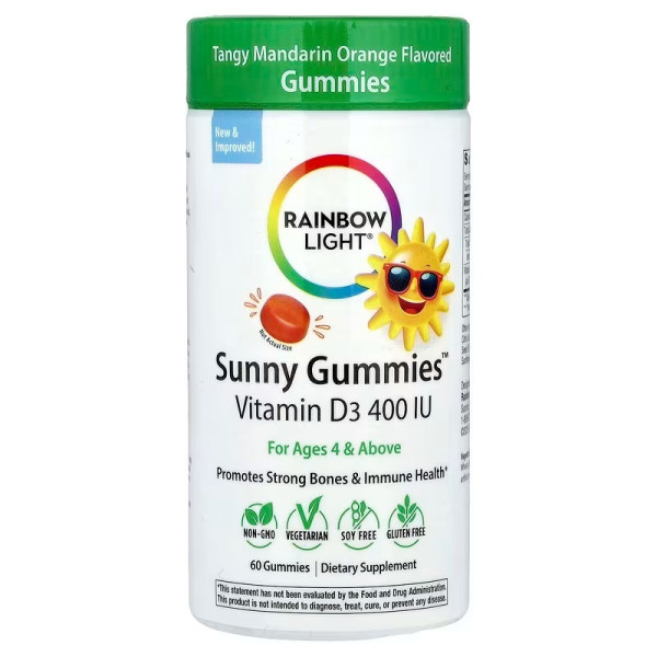 Вітамін D3 для дітей від 4 років і старше, Vitamin D3, Rainbow Light, зі смаком мандарину та апельсина, 10 мкг (400 МО), 60 жувальних таблеток
