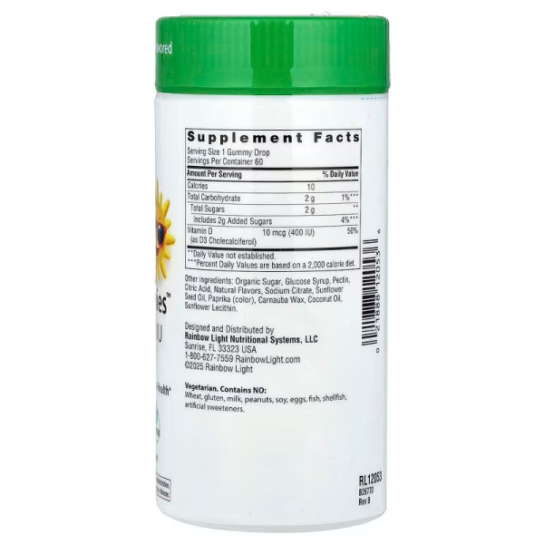 Вітамін D3 для дітей від 4 років і старше, Vitamin D3, Rainbow Light, зі смаком мандарину та апельсина, 10 мкг (400 МО), 60 жувальних таблеток
