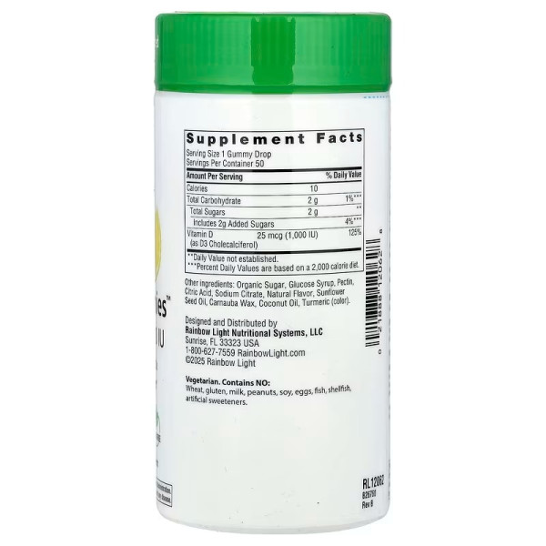 Вітамін D3, Gummies Vitamin D3, Rainbow Light, смак лимона, 25 мкг (1000 МО), 50 жувальних таблеток