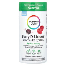Витамин D3 62,5 мкг (2500 МО), Rainbow Light Vitamin D3, жевательные таблетки со вкусом малины, 50 штук