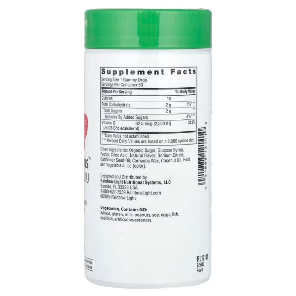 Вітамін D3, Vitamin D3, Rainbow Light, смак малини, 62,5 мкг (2500 МО), 50 жувальних таблеток