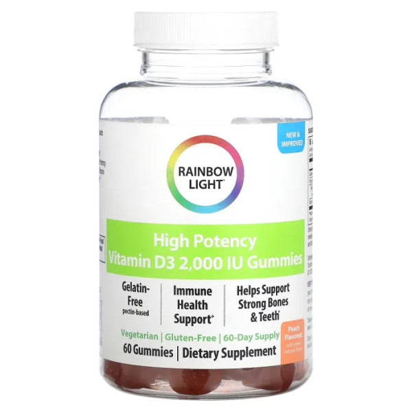 Вітамін D3, Vitamin D3, Rainbow Light, високоефективний, смак персика, 2000 МО, 60 жувальних цукерок