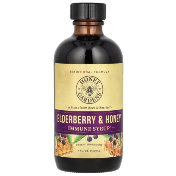 Сироп для імунітету, Elderberry Syrup, Honey Gardens, з бузини з апітерапевтичним сирим медом, органічним яблучним оцтом та прополісом, 120 мл