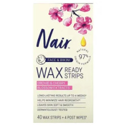 Восковые полоски для лица и зоны бикини, Nair Wax Ready Strips, экстракты орхидеи и цветков вишни 40 полосок и 4 салфетки