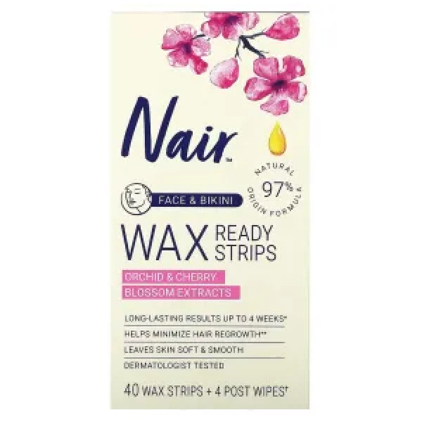 Воскові смужки для обличчя та зони бікіні, Wax Ready Strips, Nair, з екстрактами орхідеї та квіток вишні, 40 воскових смужок + 4 серветки для подальшого видалення волосся
