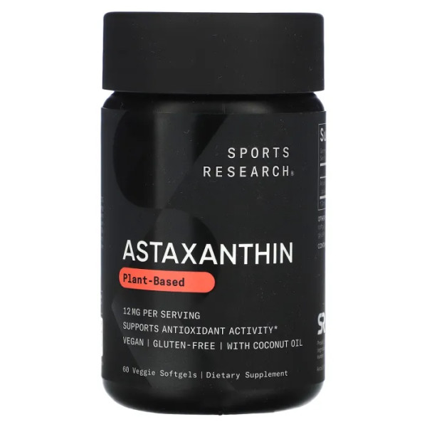 Астаксантин, Astaxanthin, Sports Research, потрійна сила, 12 мг, 60 вегетаріанських капсул