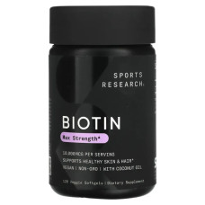 Біотин 10 000 мкг, з кокосовою олією, Biotin Sports Research, 120 вегетаріанських гелевих капсул