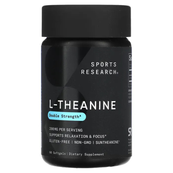 Теанін, L-theanine, Sports Research, 200 мг, 60 гелевих капсул