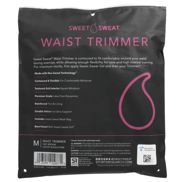 Пояс для схуднення, Sweet Sweat Waist Trimmer, Sports Research, розмір M, колір чорний і рожевий, 1 шт