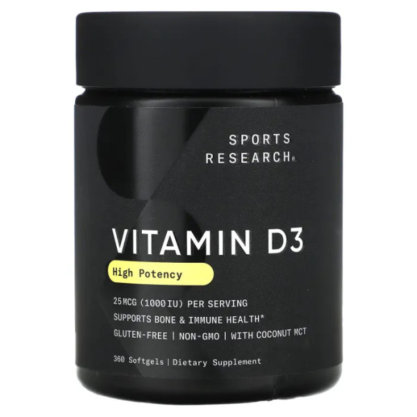 Вітамін D3, Vitamin D3, Sports Research, висока ефективність, 25 мкг (1000 МО), 360 гелевих капсул