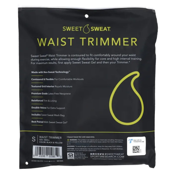 Пояс для схуднення, Sweet Sweat Waist Trimmer, Sports Research, розмір S, колір чорний і жовтий, 1 шт