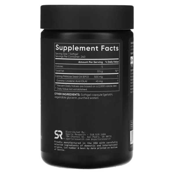 Масло вечірньої примули, Evening Primrose, Sports Research, 500 мг, 240 гелевих капсул
