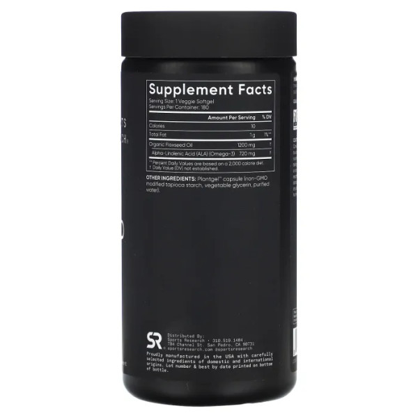 Лляна олія, Flaxseed Oi, Sports Research, 1200 мг, 180 вегетаріанських гелевих капсул