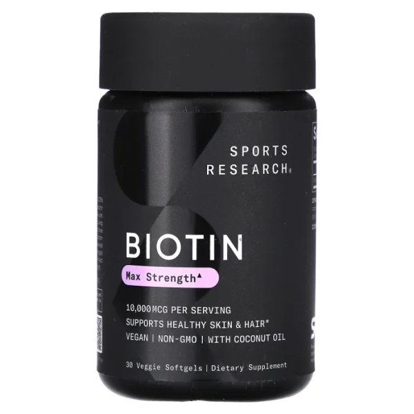 Біотин з кокосовим маслом, Biotin, Sports Research, 10,000 мкг, 30 вегетаріанських капсул