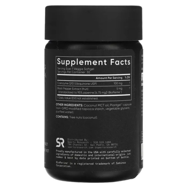 Коензим Q10 з біоперином, CoQ10, Sports Research, 100 мг, 30 вегетаріанських гелевих капсул