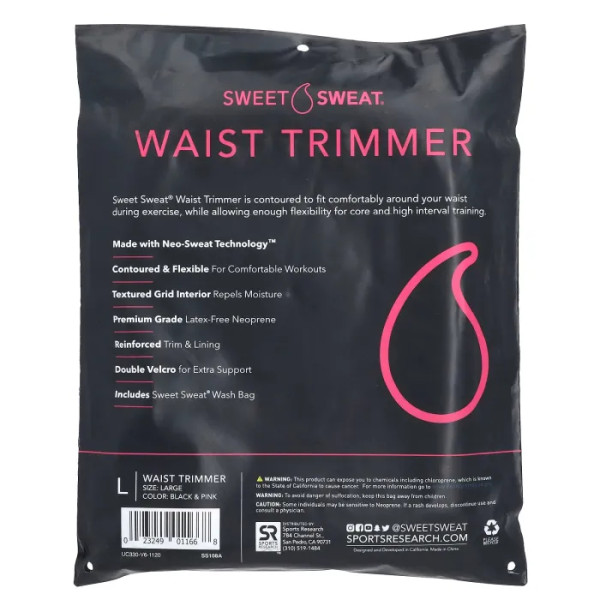 Пояс для схуднення, Sweet Sweat Waist Trimmer, Sports Research, розмір L, колір чорний і рожевий, 1 шт