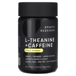 L-теанін та кофеїн, Sports Research L-Theanine & Caffeine, формула 2 в 1, 60 м'яких капсул
