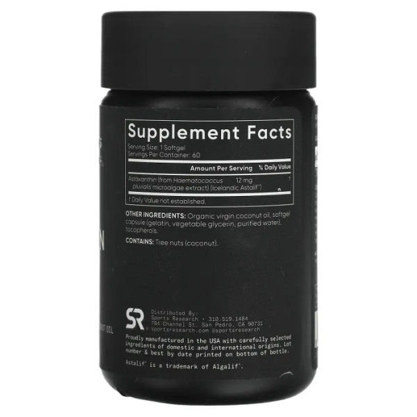 Астаксантин, Astaxanthin, Sports Research, потрійна сила, 12 мг, 60 гелевих капсул