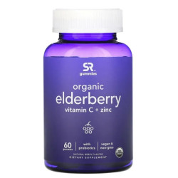 Бузина органик жевательные с витамином C и цинком вкус ягод, Sports Research Elderberry Vitamin C Zinc, 60 жевательных конфет