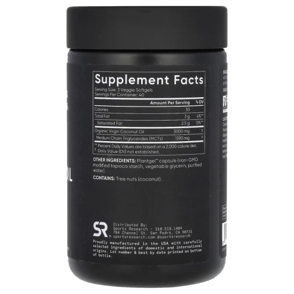 Кокосова олія, Virgin Coconut Oil, Sports Research, першого віджиму, холодного віджиму, 3000 мг, 120 рослинних гелевих капсул (1000 мг на гелеву капсулу)