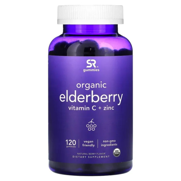 Бузина, вітамін C+цинк, Organic Elderberry Vitamin C+Zinc, Sports Research, органік, натуральні ягоди, 120 жувальних таблеток