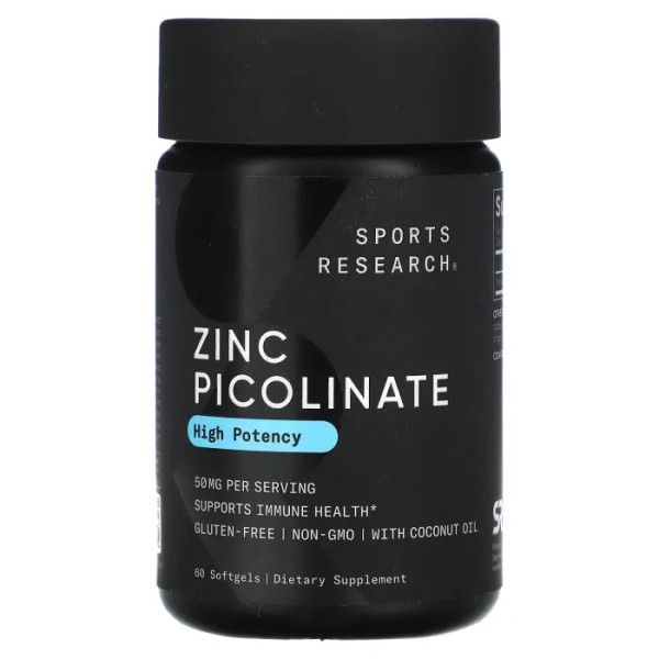 Цинк піколінат, Zinc Picolinate, Sports Research, 50 мг, 60 гелевих капсул