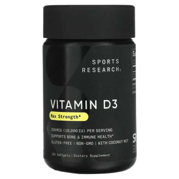 Вітамін D3 з кокосовим маслом, Vitamin D3, Sports Research, 250 мкг (10000 МО), 120 гелевих капсул