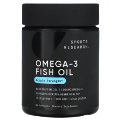 Омега-3 рыбий жир, тройная сила, Omega-3 Fish Oil Sports Research, 1250 мг, 60 гелевых капсул