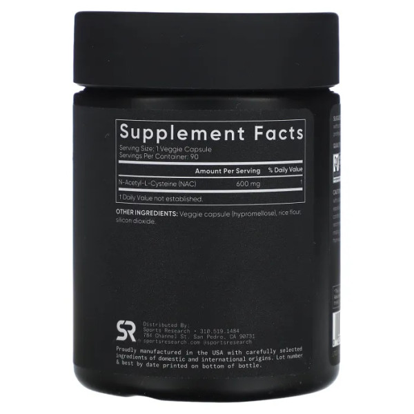 N-ацетил цистеїн, NAC, Sports Research, 600 мг, 90 рослинних капсул
