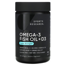 Омега-3 рыбий жир с витамином D3 1040 мг и 62,5 мкг 2500 МЕ, тройная сила, Omega-3 Fish Oil + D3 Sports Research, 120 гелевых капсул