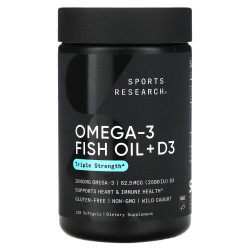 Омега-3 рыбий жир с витамином D3 1040 мг и 62,5 мкг 2500 МЕ, тройная сила, Omega-3 Fish Oil + D3 Sports Research, 120 гелевых капсул