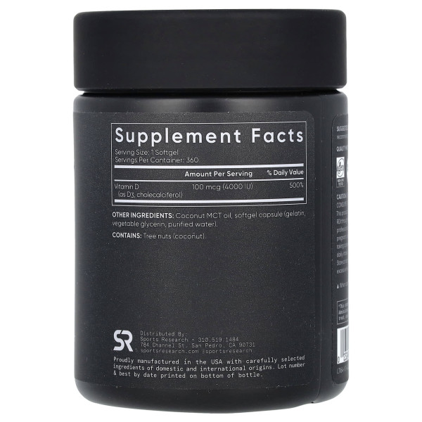Вітамін D3, Vitamin D3, Sports Research, подвійна сила, 100 мкг (4000 МО), 360 гелевих капсул
