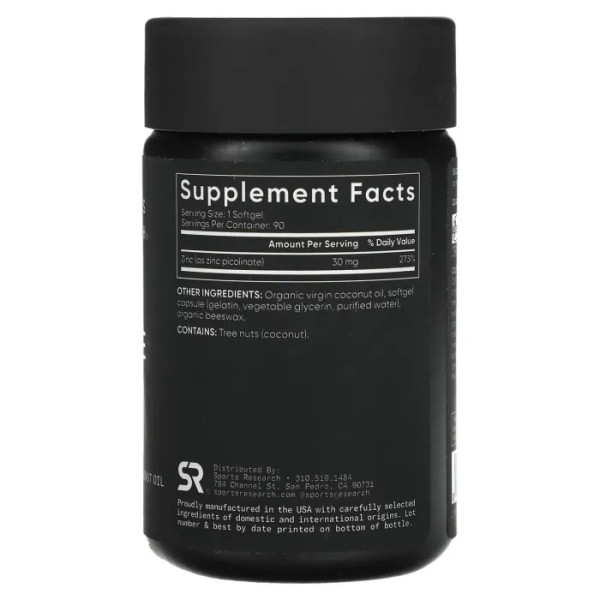 Цинк піколінат, Zinc Picolinate, Sports Research, висока ефективність, 30 мг, 90 гелевих капсул