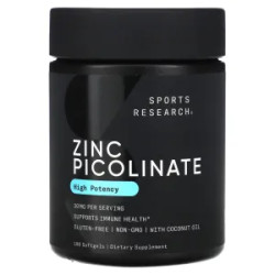 Цинк пиколинат 30 мг, Zinc Picolinate Sports Research, высокая эффективность, 180 гелевых капсул