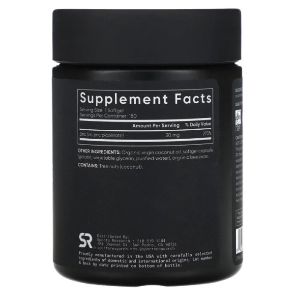 Цинк піколінат, Zinc Picolinate, Sports Research, висока ефективність, 30 мг, 180 гелевих капсул