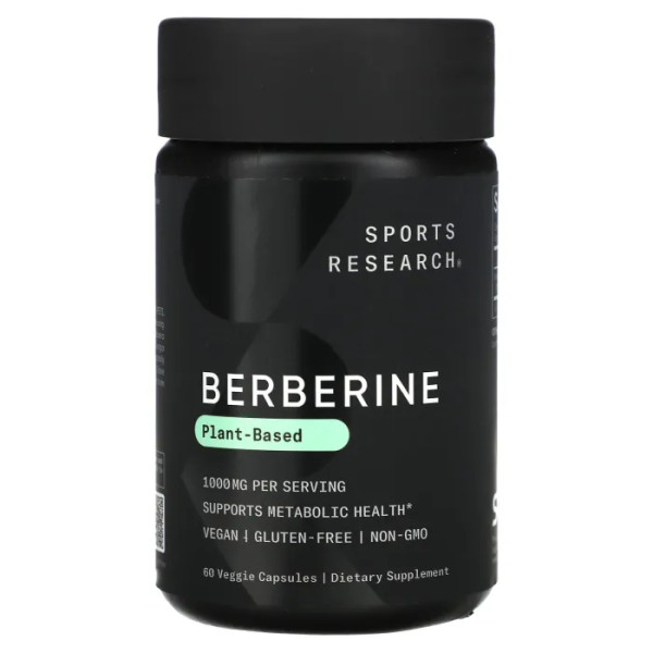 Берберін, Berberine, Sports Research, 1000 мг, 60 рослинних капсул (500 мг у капсулі)